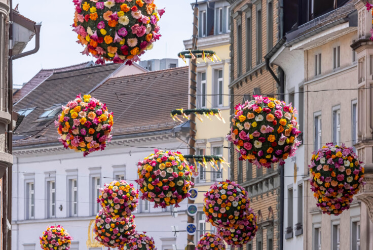fröhliche Blumen-Bälle in der Innenstadt und Fußgängerzone