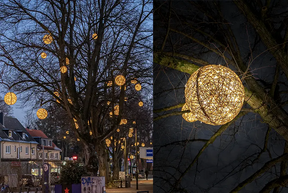 Die Schmücker, die Lichtdesigner Hamburg, professionelle Baumbeleuchtung außen mit nachhaltigen Organic Kugeln