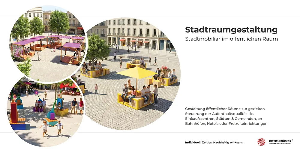 Stadtmobiliar Bänke und Pflanzkübel im öffentlichen Raum